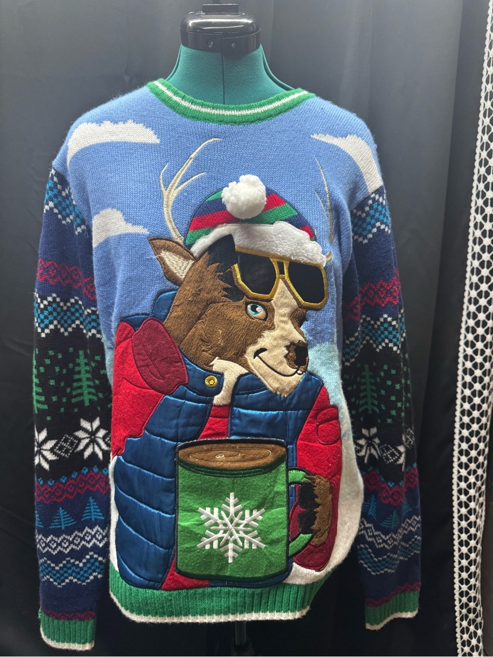 Men's Blue Holiday Reindeer Crewneck Sweater
